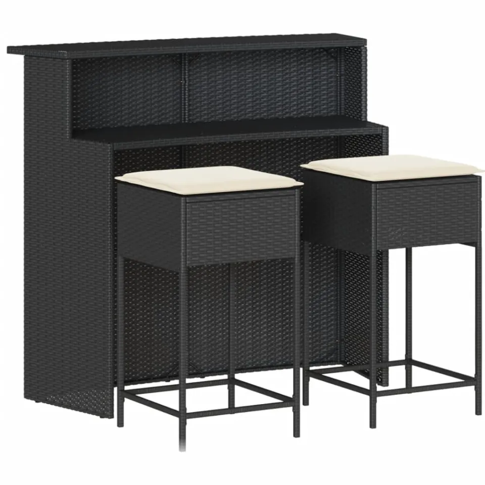 vidaXL 3-delige Tuinbarset met kussens poly rattan zwart