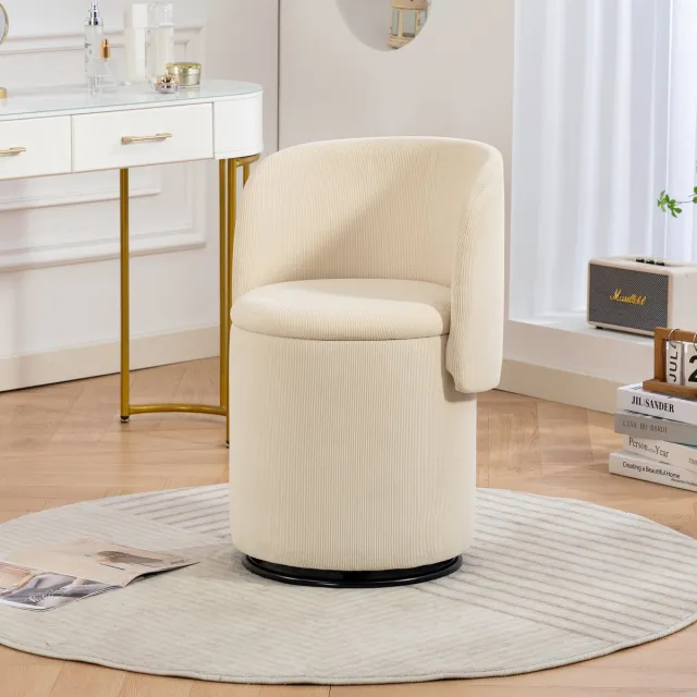 HAUSS SPOLE Draaibare Schminkstoel Met Opbergruimte – 360° Gestoffeerde Corduroy Fauteuil – Moderne Kaptafelstoel Met Opbergzitting – Voor Slaapkamer, Woonkamer Of Eetkamer – Beige