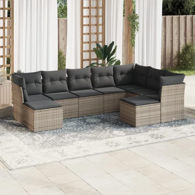 vidaXL 9-delige Loungeset met kussens poly rattan grijs, foto 2