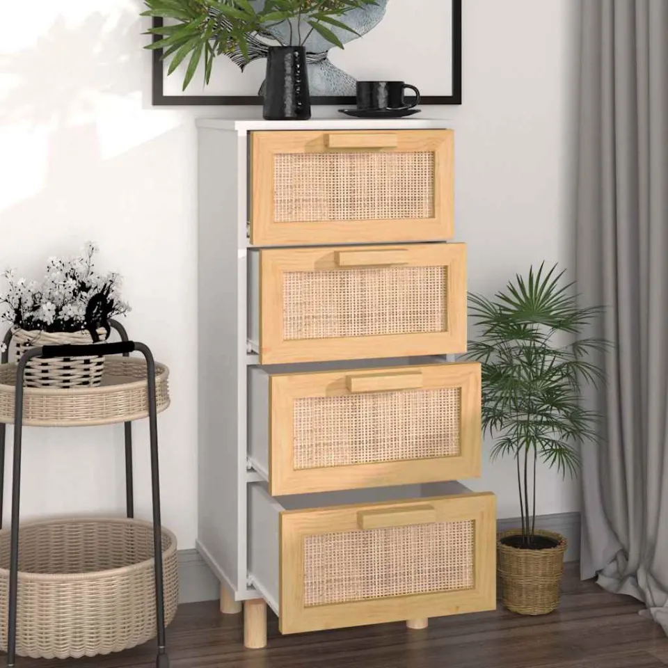 vidaXL Dressoir 40x30x90 cm massief grenenhout en rattan wit, foto 2
