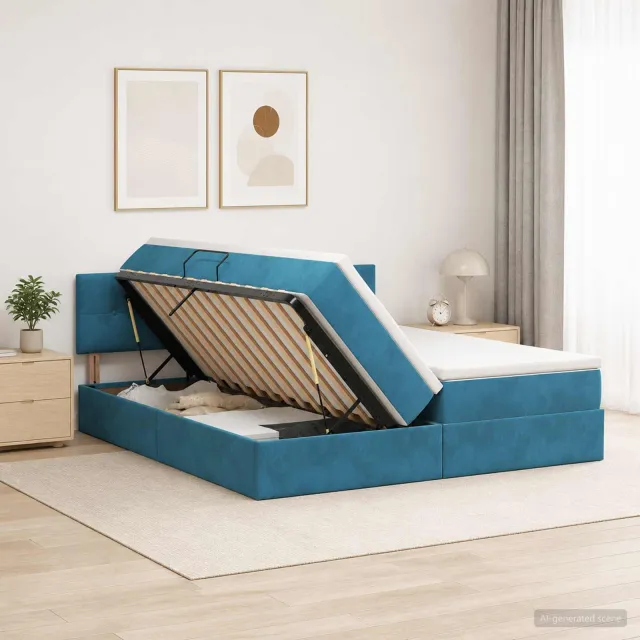 vidaXL LED Opslagbed met Matras Donkerblauw 200 x 200 cm Fluweel