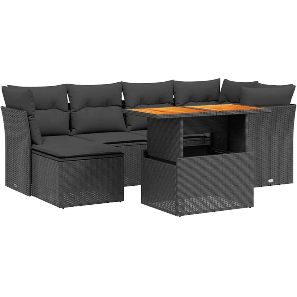 vidaXL 7-delige Loungeset met kussens poly rattan zwart