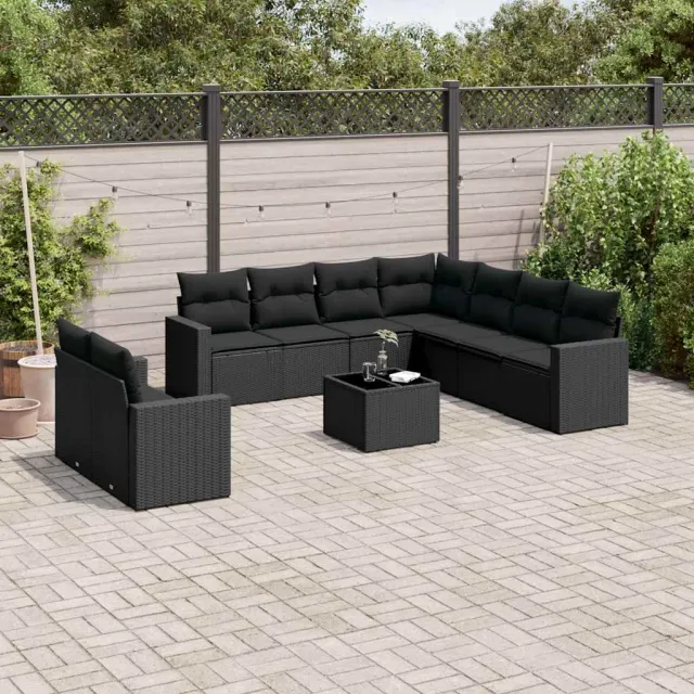 vidaXL 10-delige Loungeset met kussens poly rattan zwart, foto 2