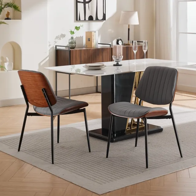 Clruro Set van 2 Eetkamerstoelen - Mid-Century Modern - Retro Kunstleer & Walnoot Rug - Verstelbare Voeten - Grijs PU