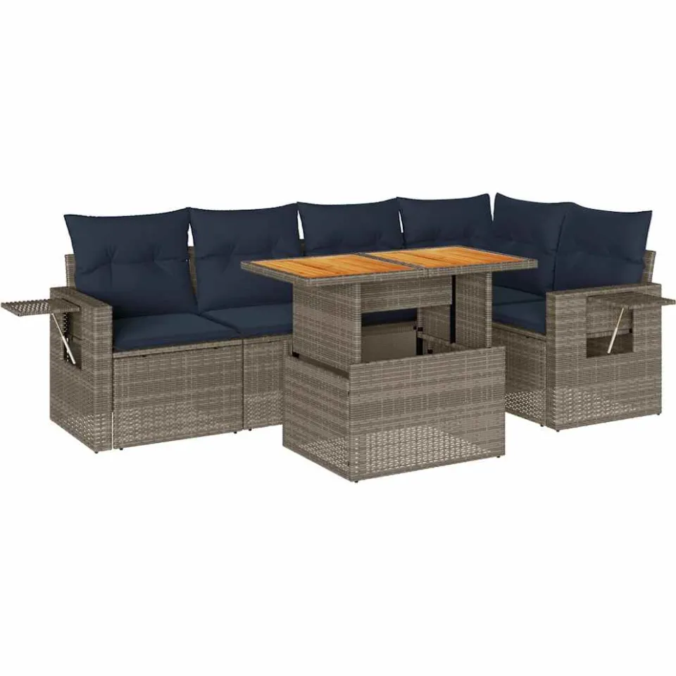 vidaXL 6-delige Loungeset met kussens poly rattan grijs, foto 3