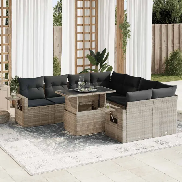 vidaXL 9-delige Loungeset met kussens poly rattan grijs, foto 2