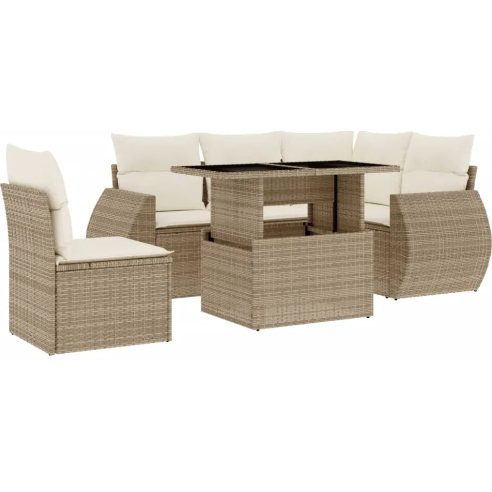 vidaXL 6-delige Loungeset met kussens poly rattan beige, foto 3