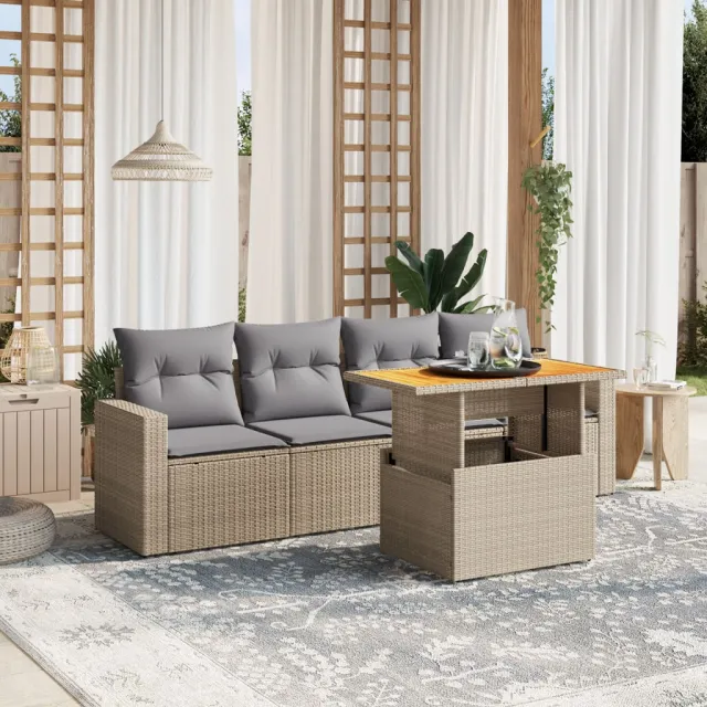 vidaXL 5-delige Loungeset met kussens poly rattan beige, foto 2