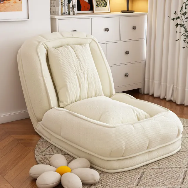 MIVRAY Chaise Longue 180 x 90 x 26 cm - 5-Voudig Verstelbaar En Klapbaar Sofa Bed - Voor Woonkamer En Leeshoek - Ribstof Metaal Gebroken Wit Crèmewit