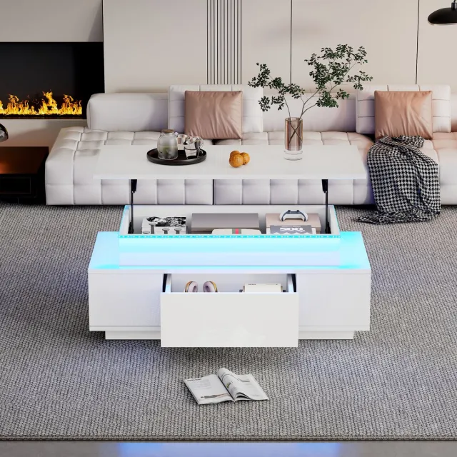 Merax Verstelbare koffietafel met LED-verlichting - opbergruimte en lade - 96x45x40 cm - salontafel voor de woonkamer - banktafel - wit