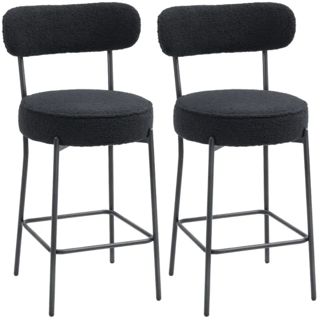 Clruro Barkruk Set van 2 - Ø46 cm - Gepolsterd met Voetsteun - Fleece/Metaal - Zwart