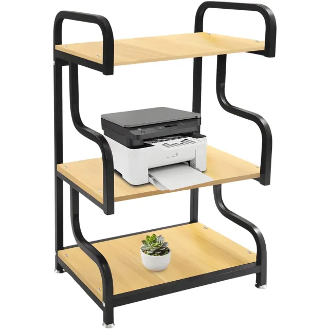 Happiq Printertafel – Voor thuiskantoor – 3-laags met opbergplank, draagt tot 20 kg per plank – Zwart Black + wood color