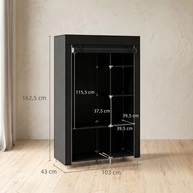 Lunpog Kledingkast Stoffen kast met kledingstang, 6 vakken, Opvouwbare garderobe in vlies-look, Opvouwbare kast voor slaapkamer, hal, Zwart, 103 x 43 x 162,5 cm