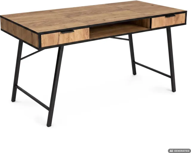 Akord Computertafel Bureau ARDEN / Industrieel / Craft Eiken / 120 cm / 2 Lades / 1 Plank / Zwarte Poten