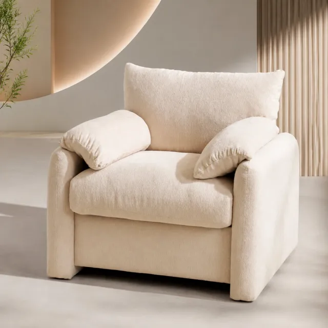 Welltin Fauteuil - Enkel Zetel - Stof - 96x82x84 cm - Relaxstoel - loungestoel - Comfortabele Design met Houten Frame - Gestoffeerde fauteuil in Beige