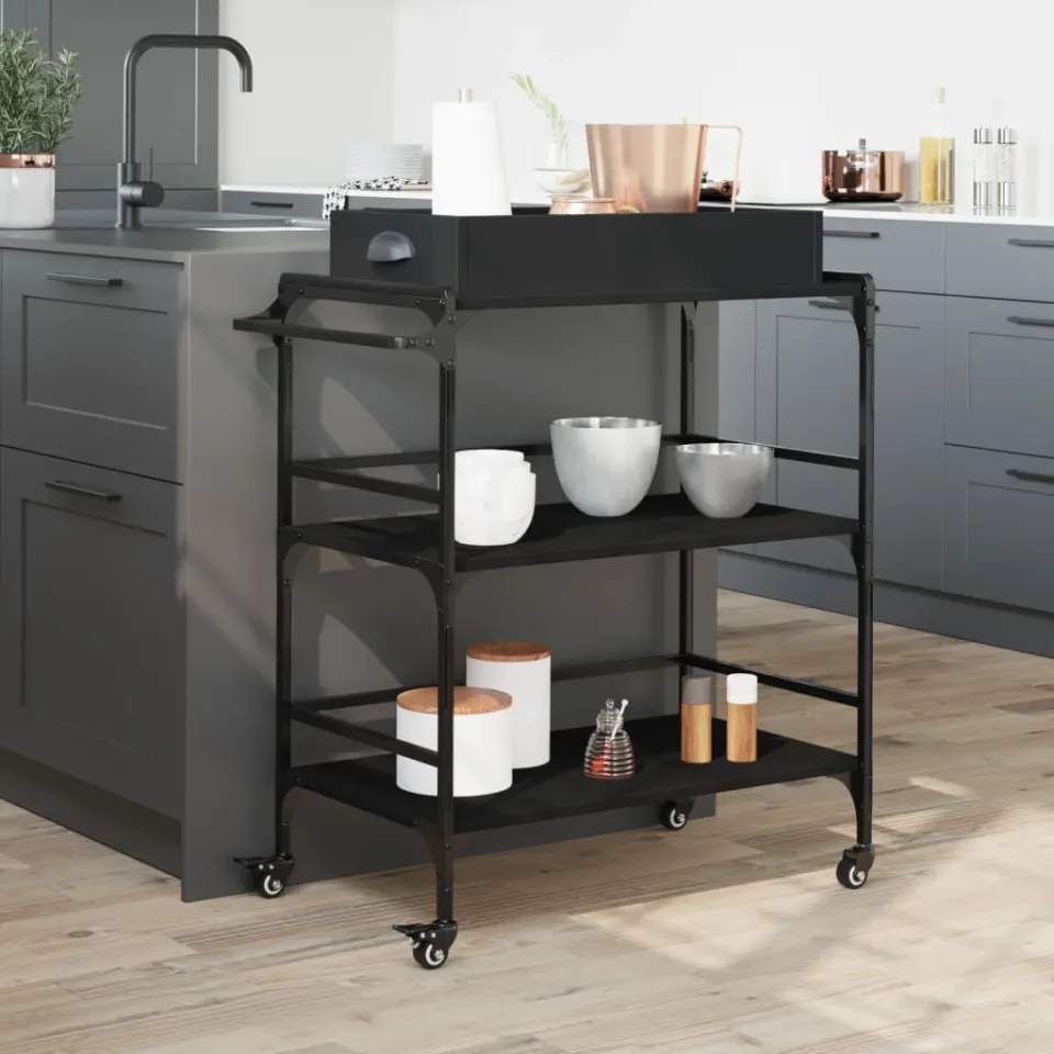 vidaXL Keukentrolley 81,5x41x92,5 cm bewerkt hout zwart, foto 3