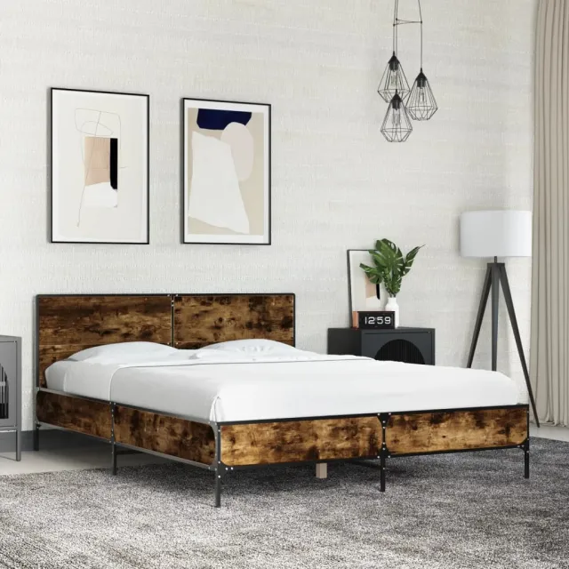 vidaXL Bedframe bewerkt hout metaal gerookt eikenkleurig 140x190 cm Bruin