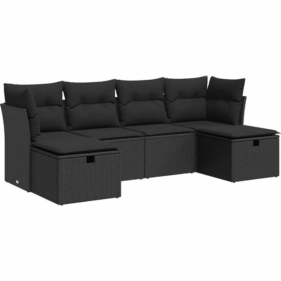 vidaXL 6-delige Loungeset met kussens poly rattan zwart, foto 3