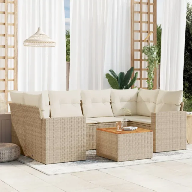 vidaXL 7-delige Loungeset met kussens poly rattan beige, foto 2