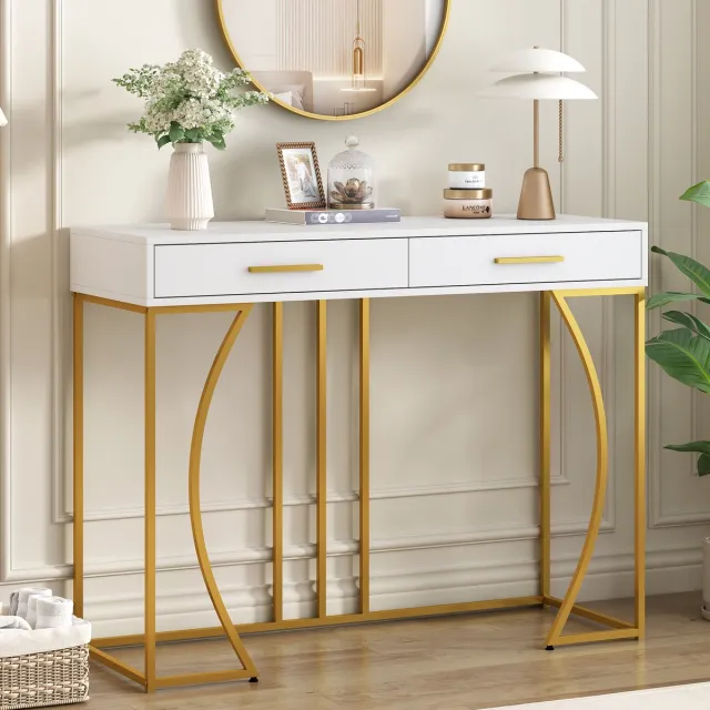 Sweiko Console Tafel,Hal Tafel met 2 Lade,Licht Luxe Stijl bijzettafel,Sofa Table ,120x38x76 cm,Wit en Goud