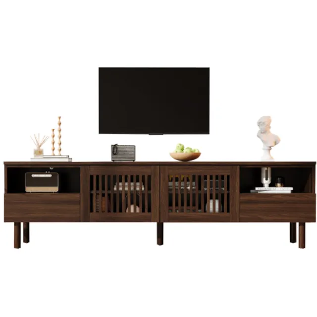 Welltin TV-meubel 180 cm - TV-meubel voor 55 tot 75 inch televisie - 2 rasterdeuren - 2 lades - 180 x 40 x 51 cm - walnootkleur - woonkamer