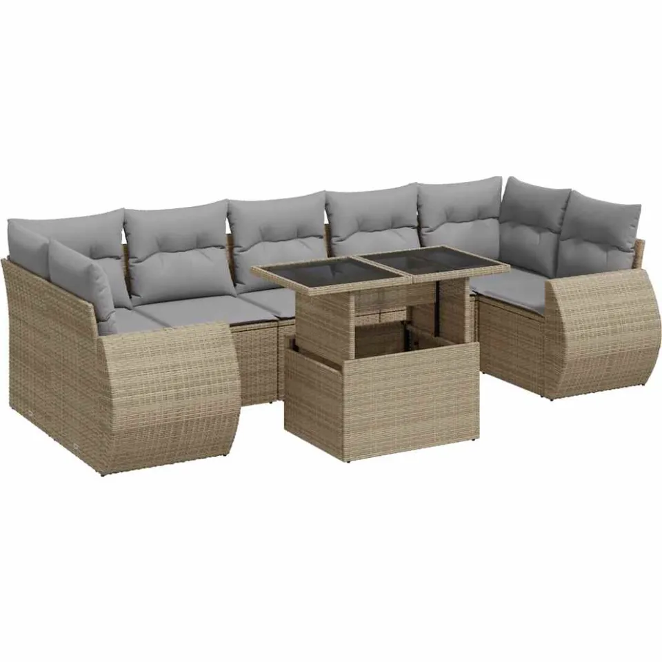 vidaXL 8-delige Loungeset met kussens poly rattan beige, foto 3