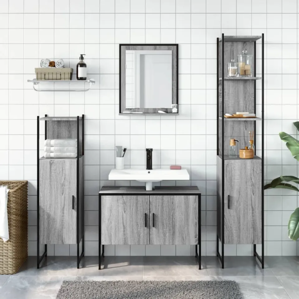 vidaXL 4-delige Badkamermeubelset bewerkt hout grijs sonoma eikenkleur, foto 2