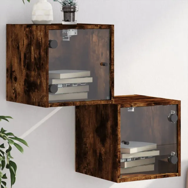 vidaXL Nachtkastjes met glazen deuren 2 st 35x37x35 cm gerookt eiken, foto 2