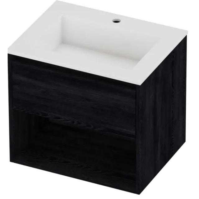 Proline Aristo Badmeubelset Polystone Elegant 1 Kraangat Met Schap 60x46x54 cm Glans Wit Black Oak Eiken