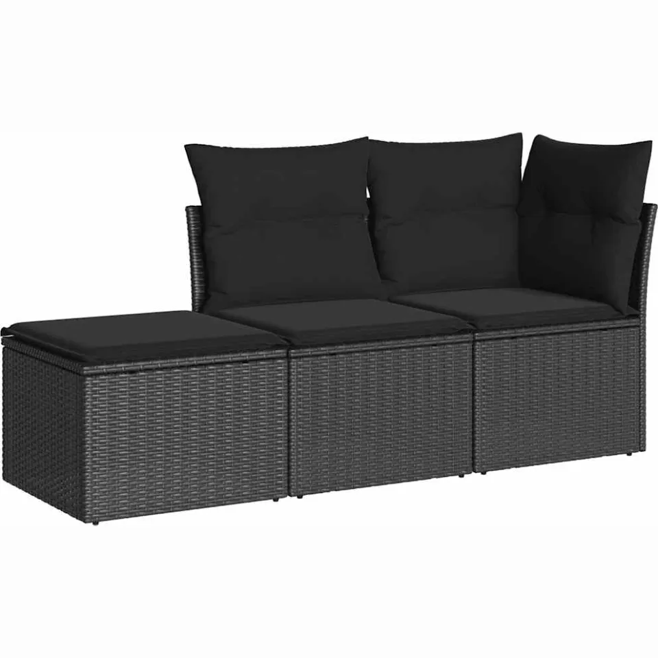 vidaXL 3-delige Loungeset met kussens poly rattan zwart, foto 3