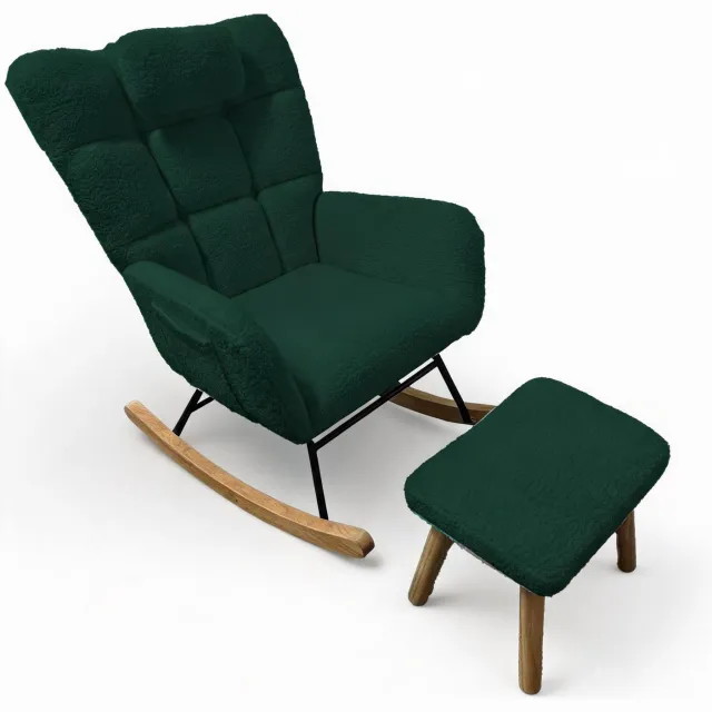 Danky Ergonomische Schommelstoel Met Hocker - Hoge Rug, Zacht Kussen, Stalen Frame Met Houten Schommelpoten - Donkergroen