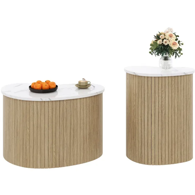 Merax Tweedelige Salontafel – Organische Bijzettafels met Marmermotief en Houtstructuur – Scandinavische Stijl – Houtkleur/Wit – 60 x 37 x 38 cm en 40 x 25 x 50 cm Bruin