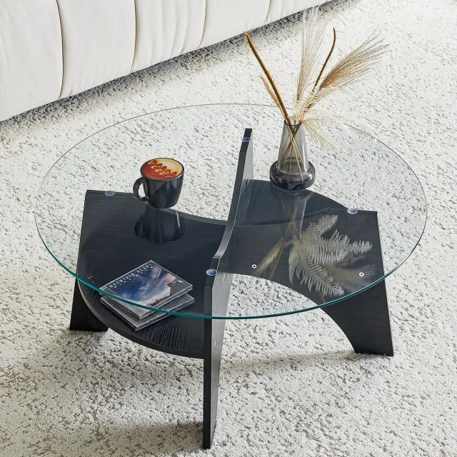 intebiki Moderne ronde bijzettafel van veiligheidsglas - Ø 80 cm, multifunctioneel ontwerp. Waaiervormig frame. Tafelpoten van MDF met een zwarte houtlook. Ideaal voor eetkamers, woonkamers, kantoren, etc. Zwart, transparant