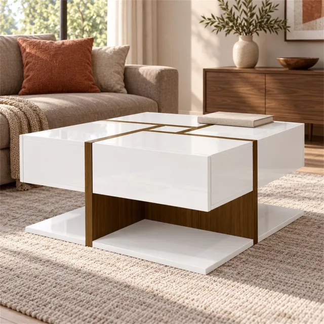 City long dragon LONG DRAGON – Salontafel – 4 lades, onderste legplank en hoogglansafwerking – Wit – 78 × 78 × 34,8 cm