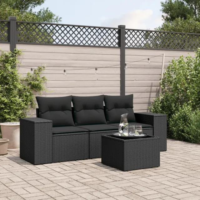 vidaXL 4-delige Loungeset met kussens poly rattan zwart, foto 2