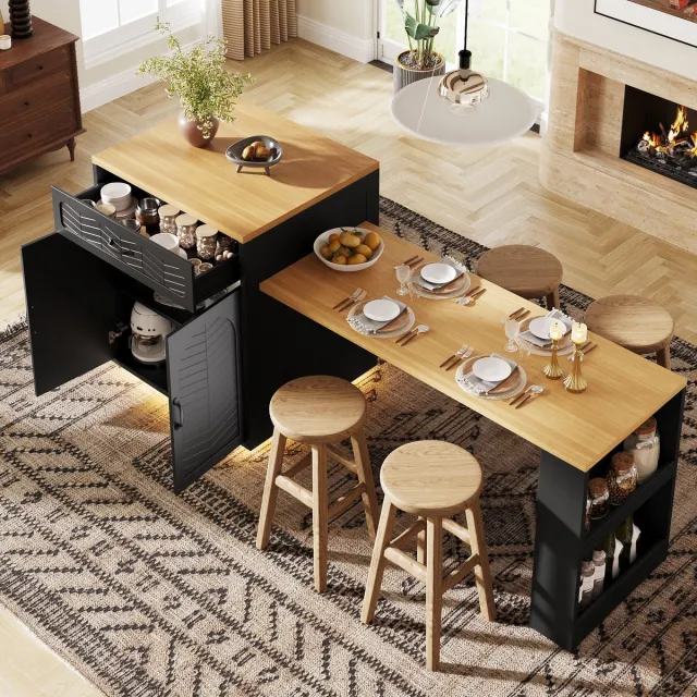 Merax Keuken-eiland - kasten - servieskast - barkast - met LED-verlichting - serveerwagen - met uitschuifbare tafel - met laden - zwart