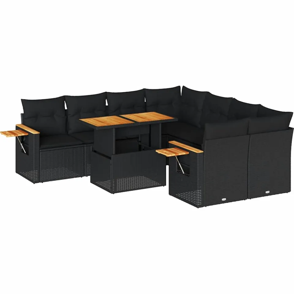 vidaXL 9-delige Loungeset met kussens poly rattan acacia zwart, foto 3