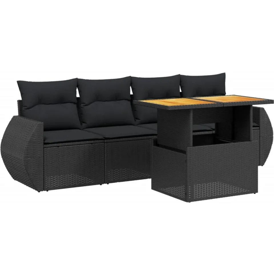 vidaXL 5-delige Loungeset met kussens poly rattan zwart, foto 3