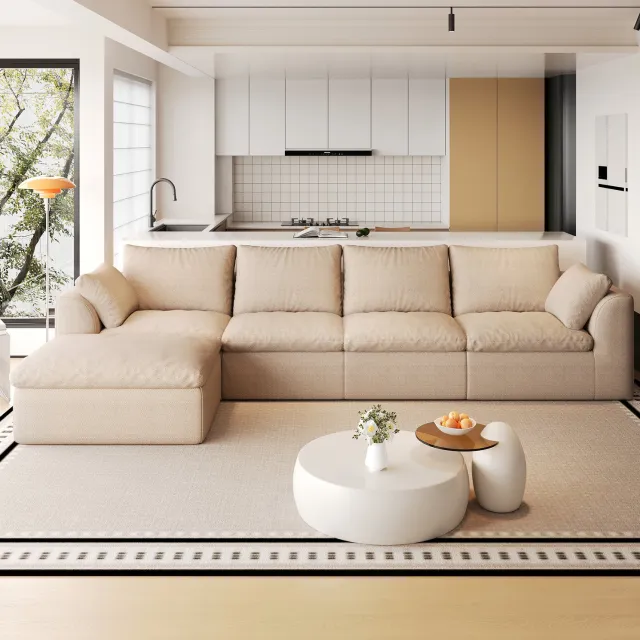 STILVORA Hoekbank 310 x 155 x 83 cm - 5-Zits in L-Vorm met Zachte Schuimvulling - Voor de Woonkamer - Linnen Stof - Khaki