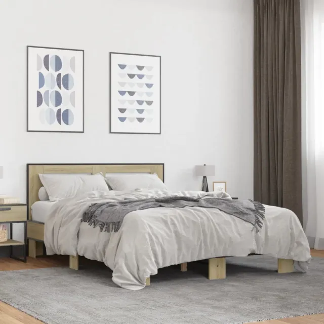 vidaXL Bedframe bewerkt hout metaal sonoma eikenkleurig 140x200 cm