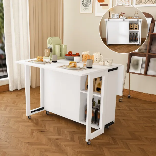 OKWISH Opklapbare Eettafel - Multifunctionele Keukentafel Met Opbergruimte En Vergrendelbare Wielen - Wit MDF - 105 X 100 X 75 Cm