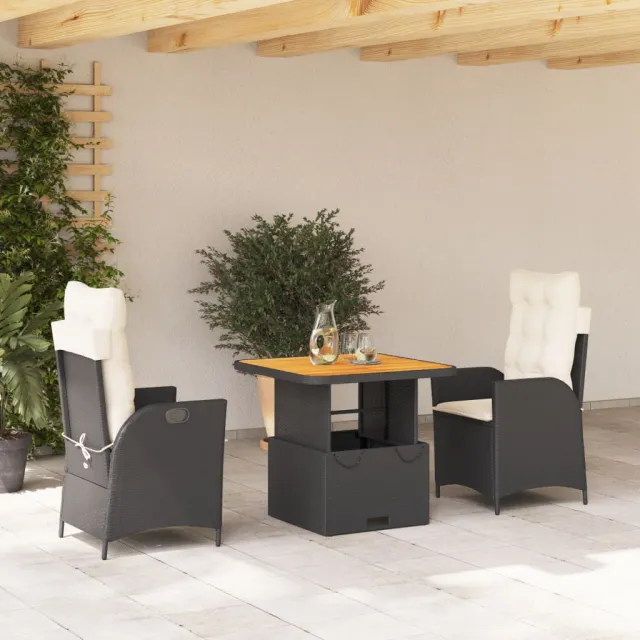 vidaXL 3-delige Tuinset met kussens poly rattan zwart, foto 2