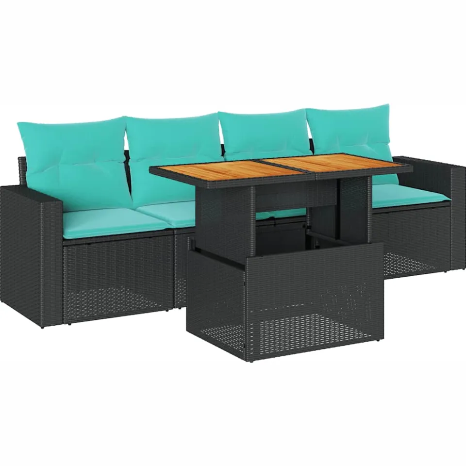 vidaXL 5-delige Loungeset met kussens poly rattan zwart, foto 3