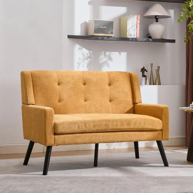 COVREO 2-zits bank 119x75x88 cm geel linnen bekleding met massief houten poten Yellow
