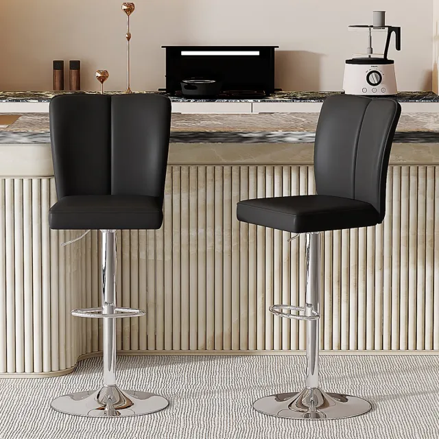HAUSS SPOLE Barkruk Set Van 2 - Hoogteverstelbaar En 360° Draaibaar - Voor Keuken Eiland En Bar - Met Rugleuning En Voetsteun - Kunstleer - Zwart Zilver