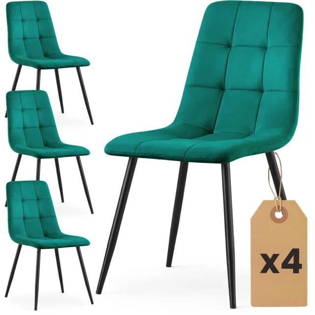Akord Set van 4 Eetkamerstoelen NERO / Gestoffeerde Stoelen / Fluwelen Stoelen en Metalen Poten / Flesgroen met zwarte benen