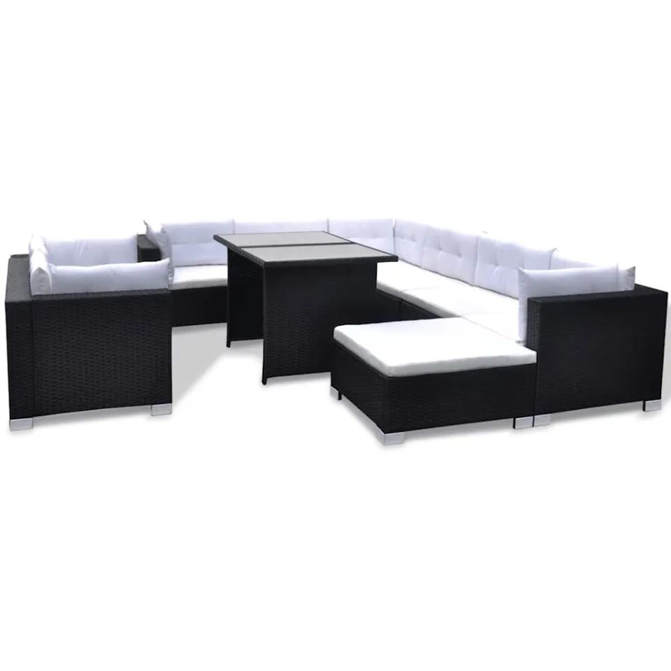 vidaXL 10-delige Loungeset met kussens poly rattan zwart