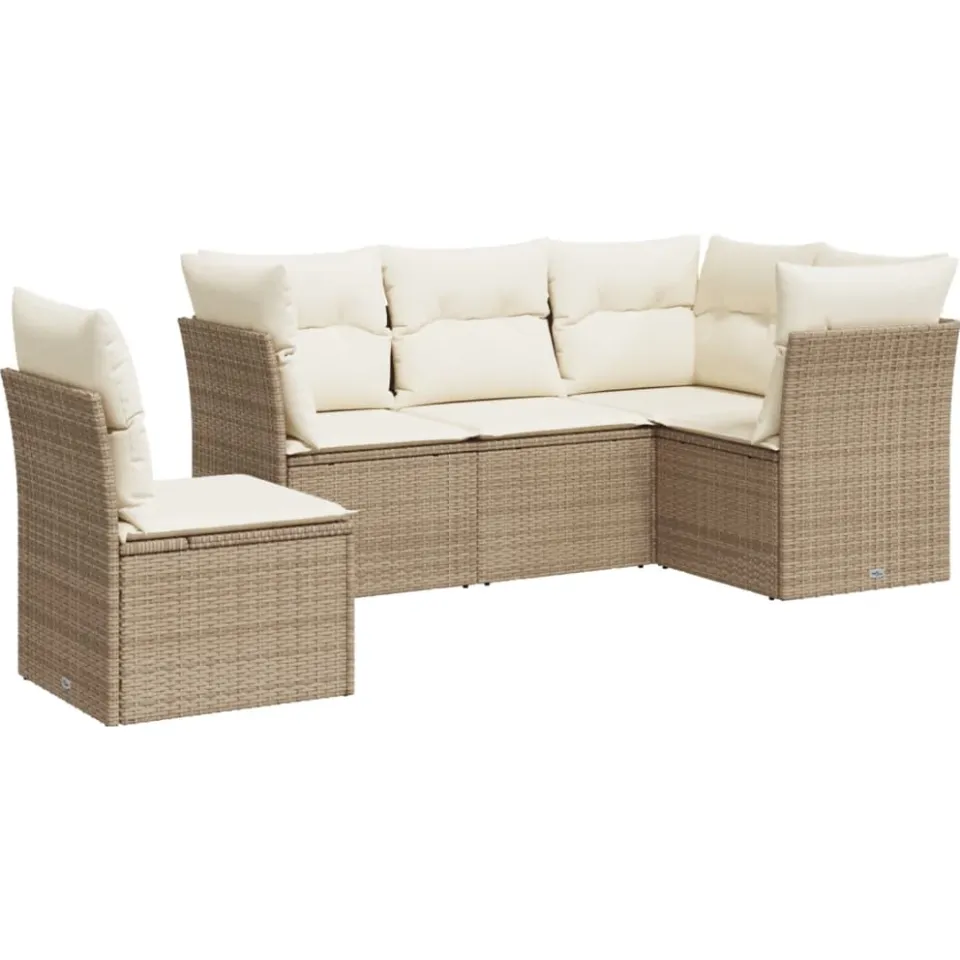 vidaXL 5-delige Loungeset met kussens poly rattan beige, foto 3