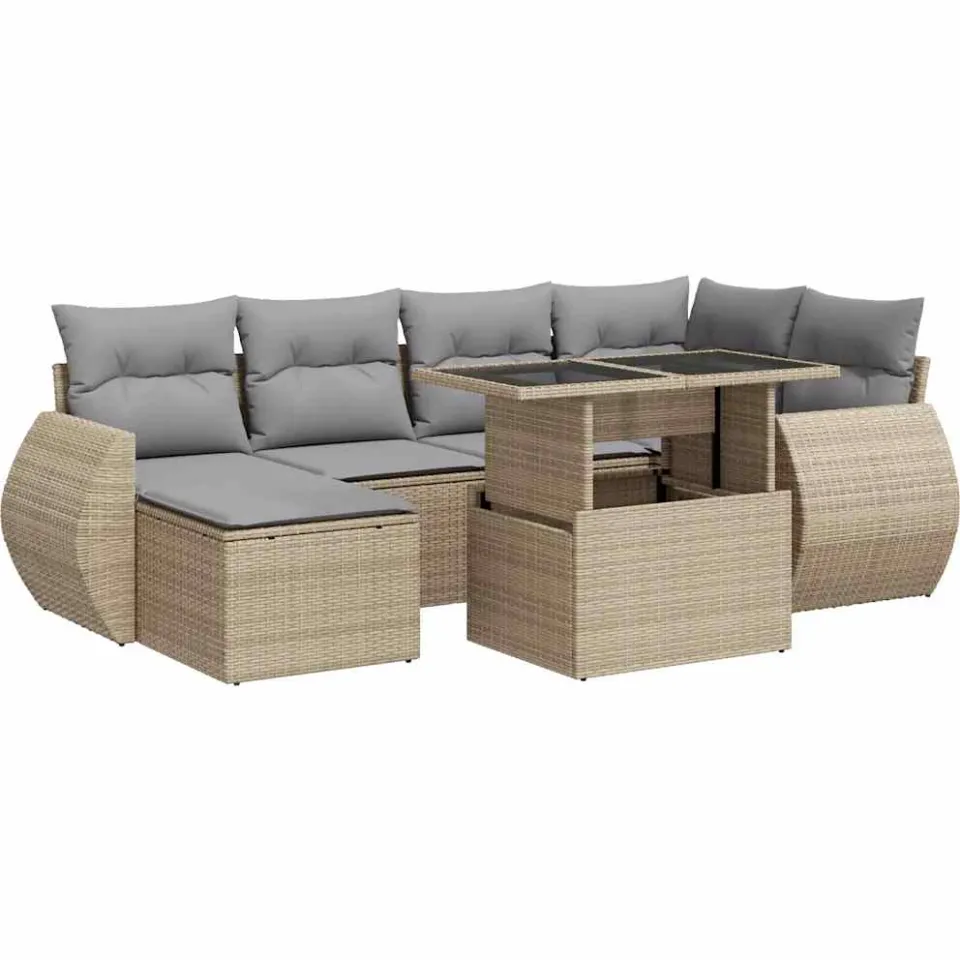 vidaXL 7-delige Loungeset met kussens poly rattan beige, foto 3