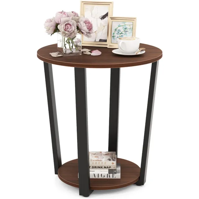 Costway Ronde bijzettafel, salontafel met metalen frame, salontafel met 2 planken, industrieel nachtkastje voor woonkamer, slaapkamer, kleine ruimtes (bruin)